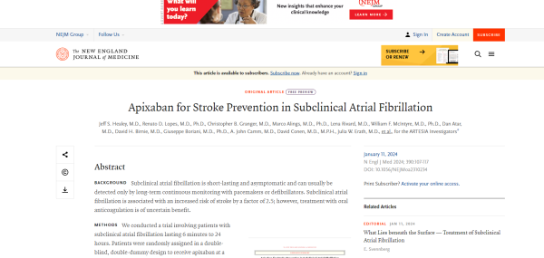 Apixaban for Stroke Prevention in Subclinical Atrial Fibrillation